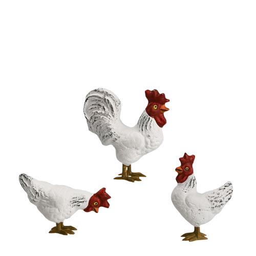 Hühnergruppe, weiß (Zinnbeine) 3 Teile, zu 9 - 10cm Figuren