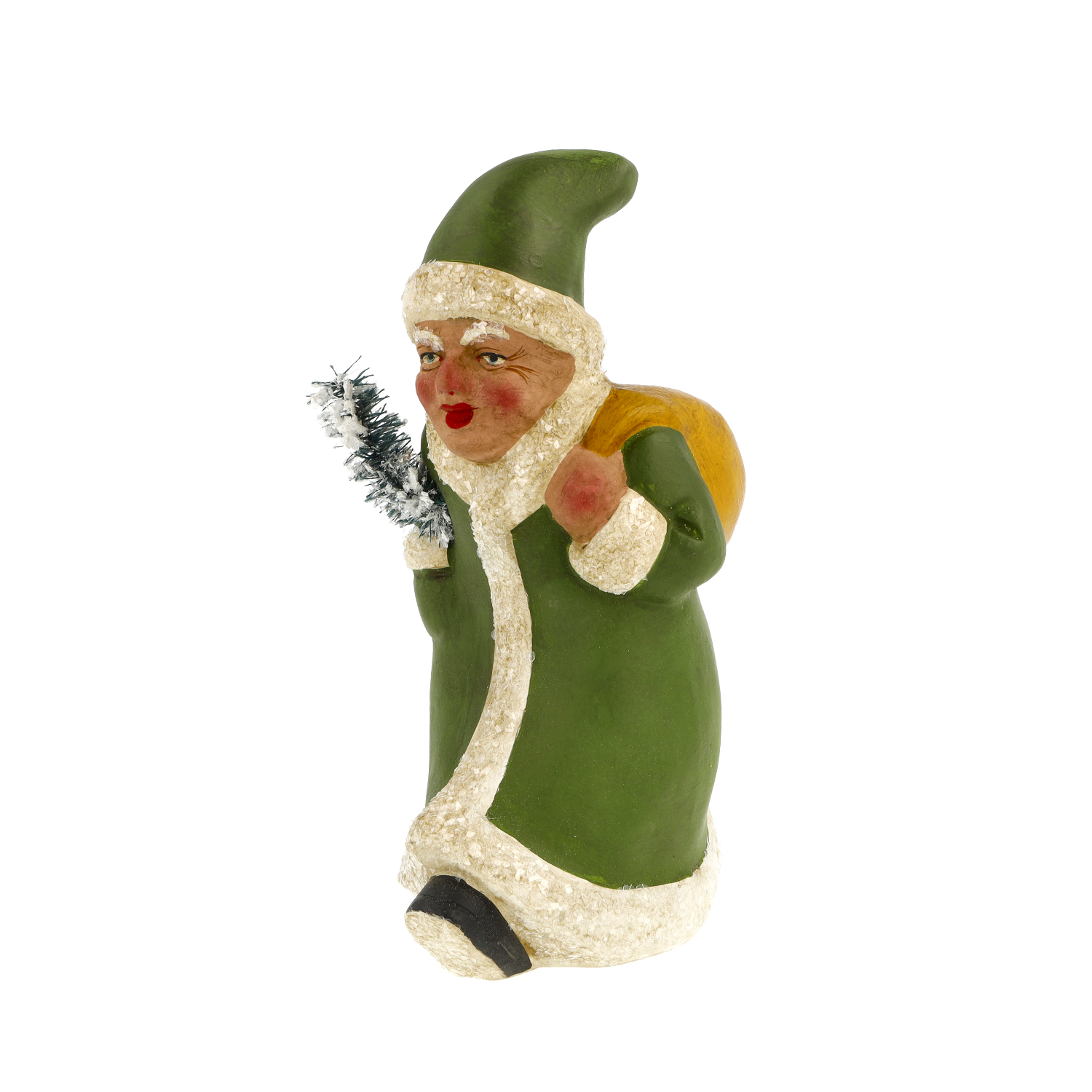 Eilender Weihnachtsmann mit Zipfelmütze und Sack, H = 20cm, grün