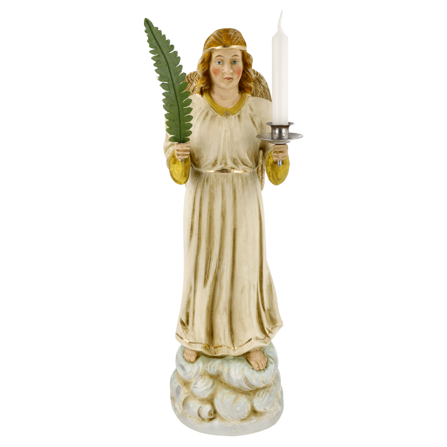 Large angel with candle and palm branch, white dress