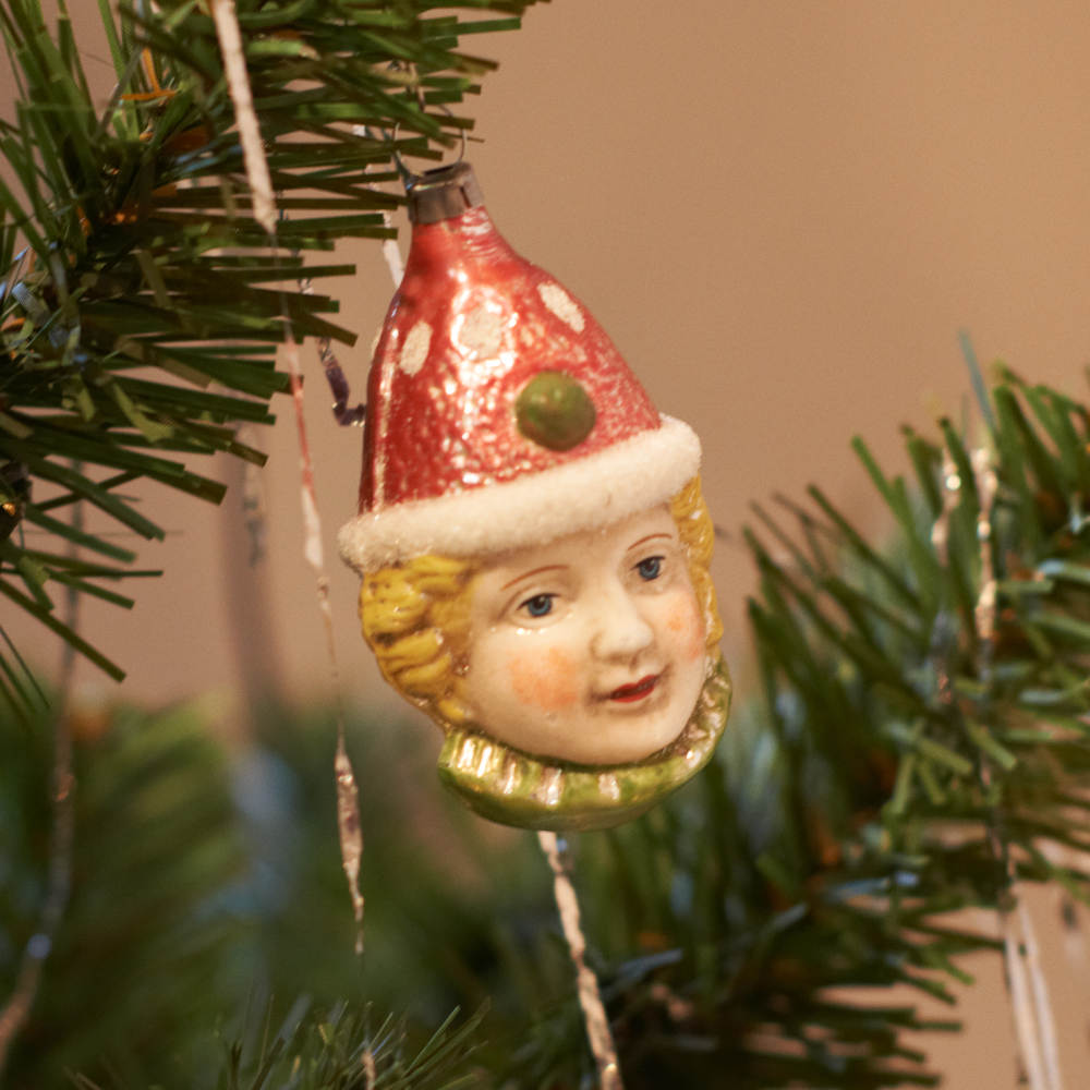 Retro Vintage style Christmas Glass Ornament - Clown head with red cap