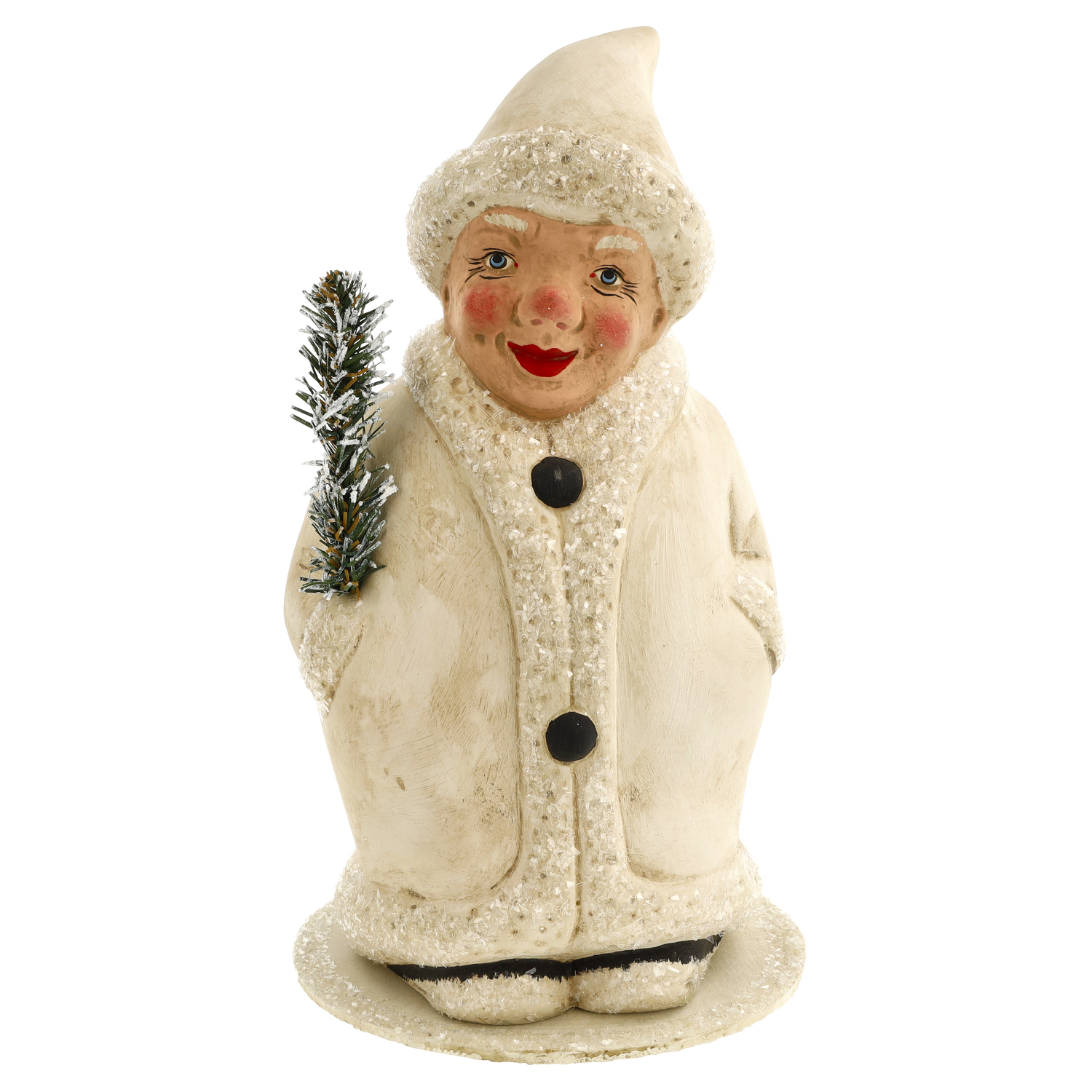 Winter-Clown mit Mantel und 2 Knöpfen, auf rundem Pappsockel, befüllbar, H = 22cm, weiß