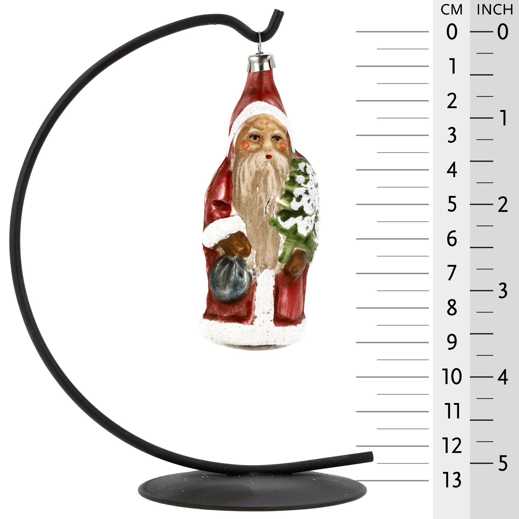 Nostalgisches Glasornament - Kleiner Weihinachtsmann mit Rucksack und Baum