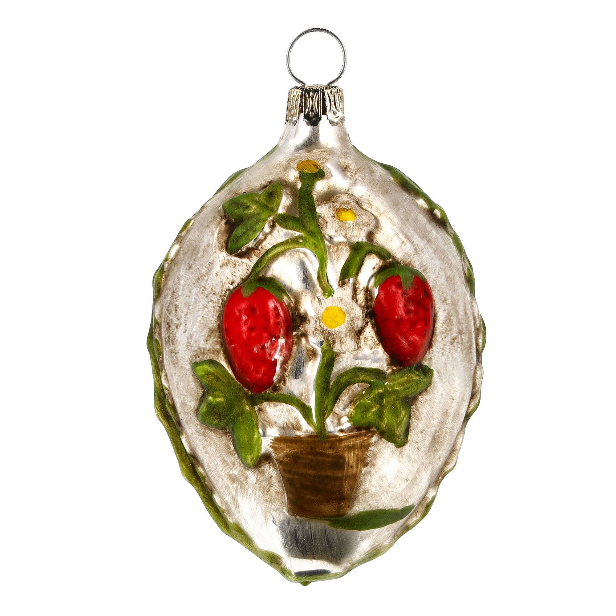 Retro Vintage style Christmas Glass Ornament - Egg with flowerpot and strawberries