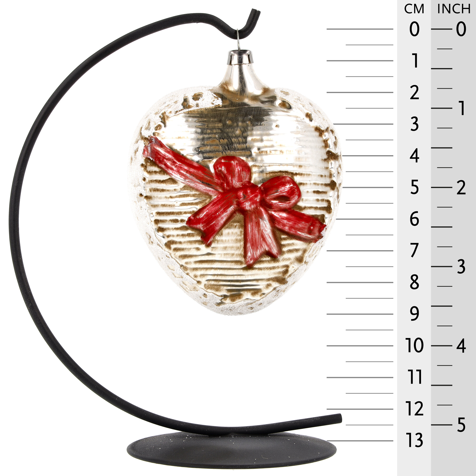 Retro Vintage style Christmas Glass Ornament - Large Heart with red ribbon