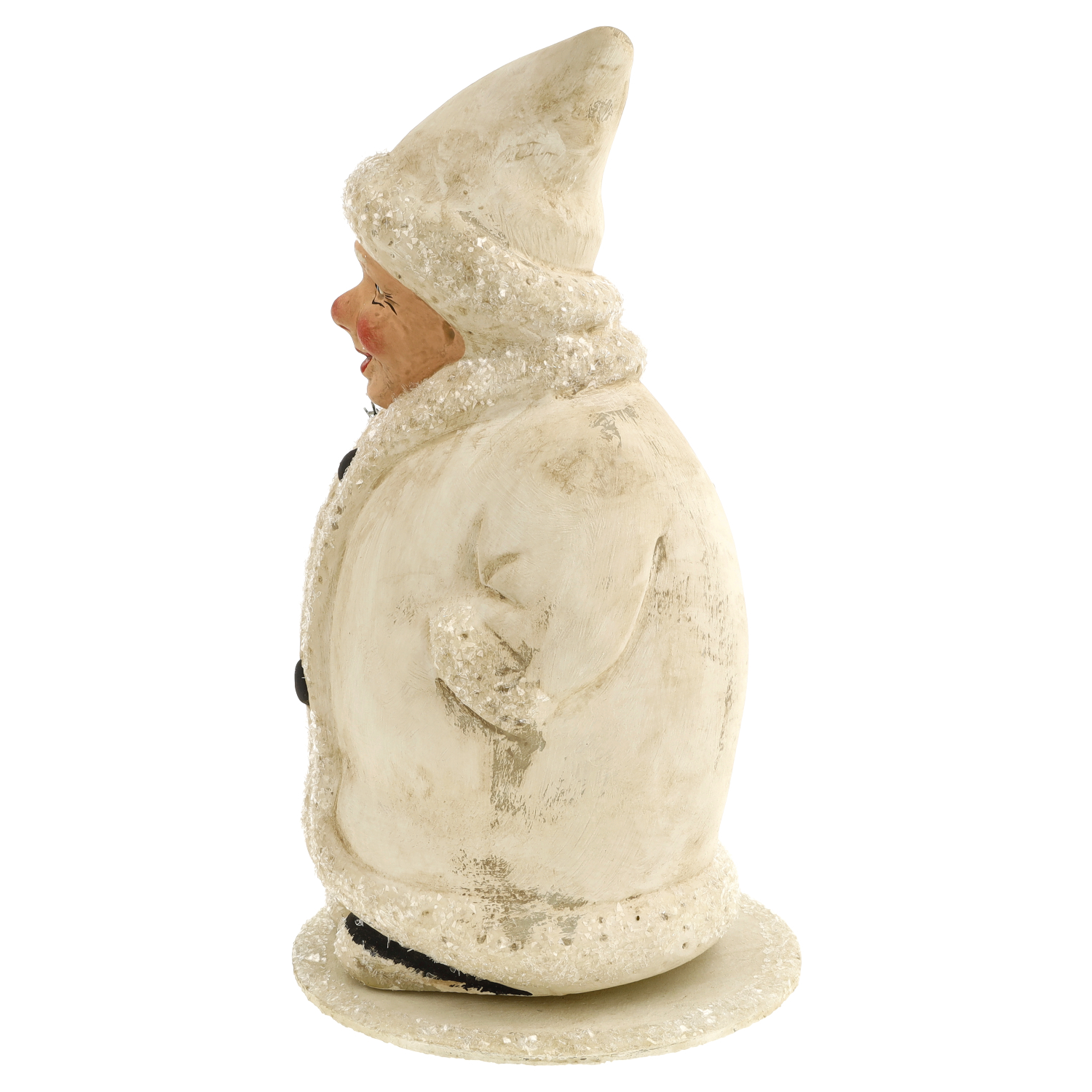 Winter-Clown mit Mantel und 2 Knöpfen, auf rundem Pappsockel, befüllbar, H = 22cm, weiß